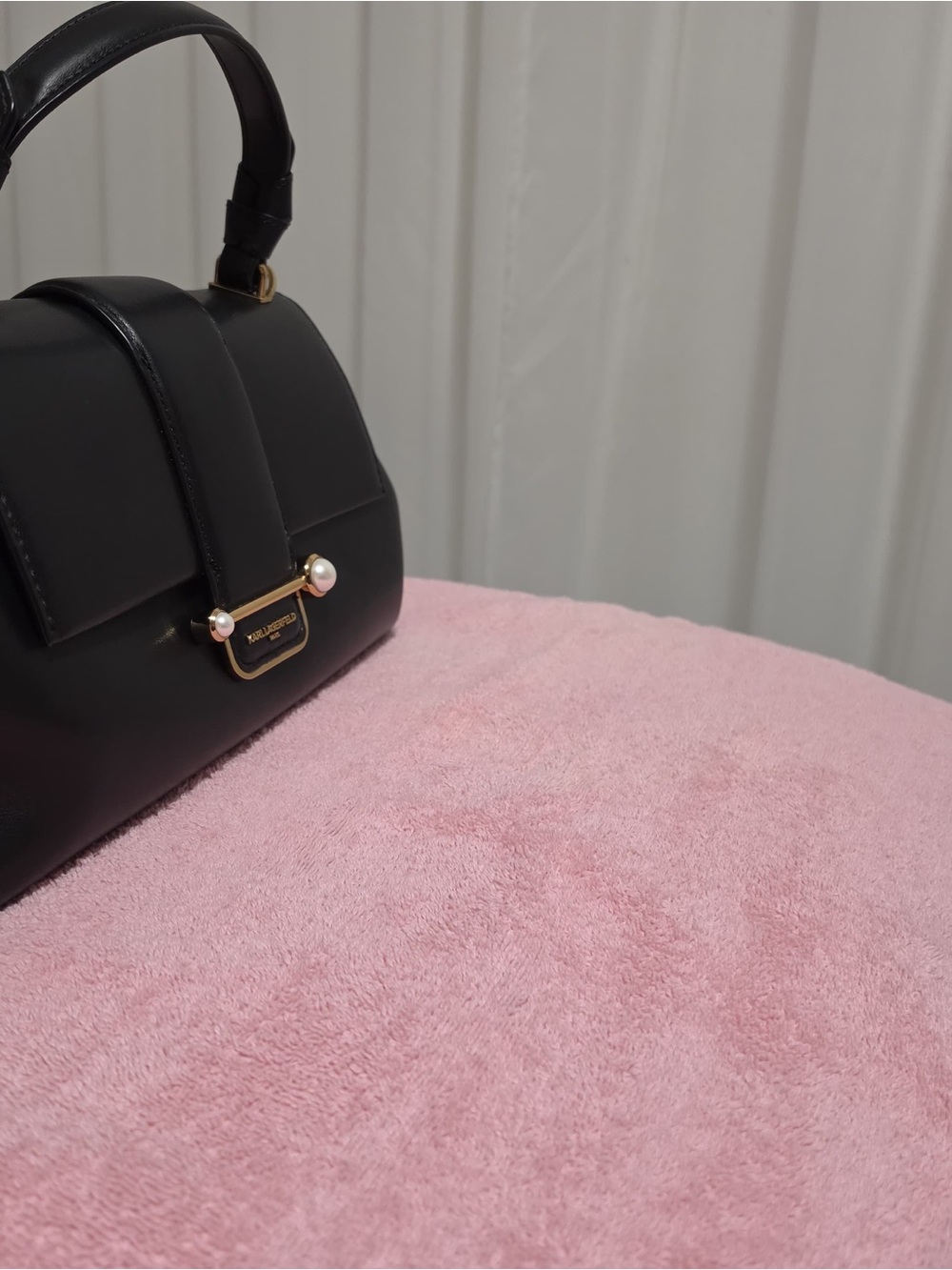 Karl Lagerfeld Black Leather Satchel with Pearl and Gold Accents - Picture 4 of 13